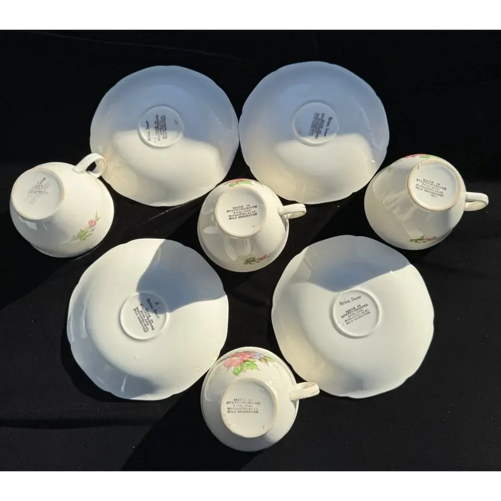 RARE Vintage Royal Swan Staffordshire England 22K Set 4 Tea Cups & Saucers -S88